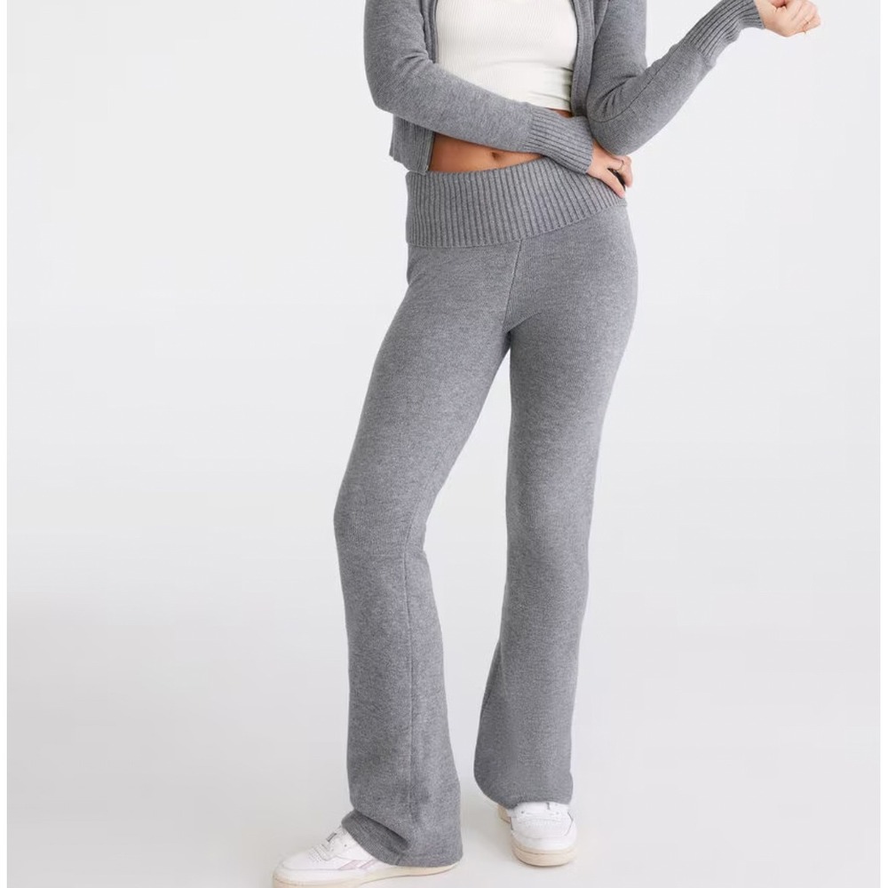 Aeropostale Women Large Gray Knit flare Leg Lounge Pants Fold Over Waist Lounge